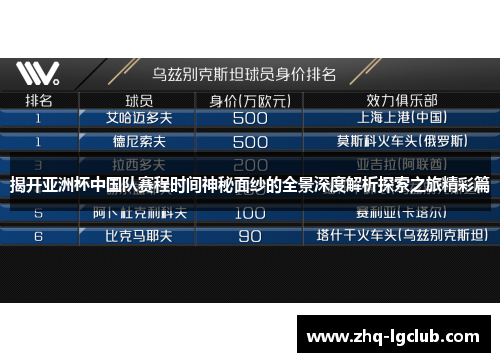 揭开亚洲杯中国队赛程时间神秘面纱的全景深度解析探索之旅精彩篇