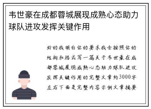 韦世豪在成都蓉城展现成熟心态助力球队进攻发挥关键作用