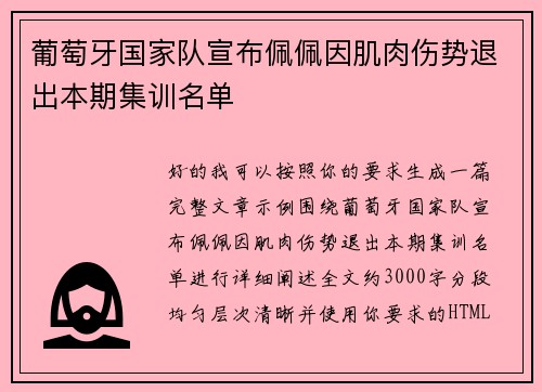 葡萄牙国家队宣布佩佩因肌肉伤势退出本期集训名单